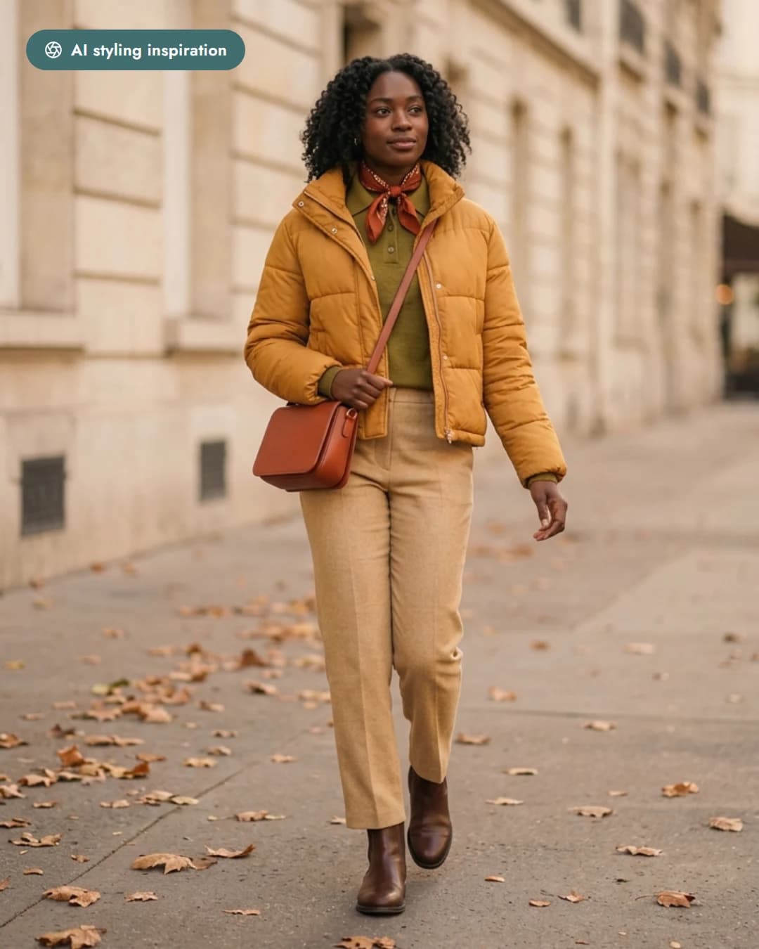 AI-styled outfit in mustard, camel and olive — a jacket, trousers and sweater