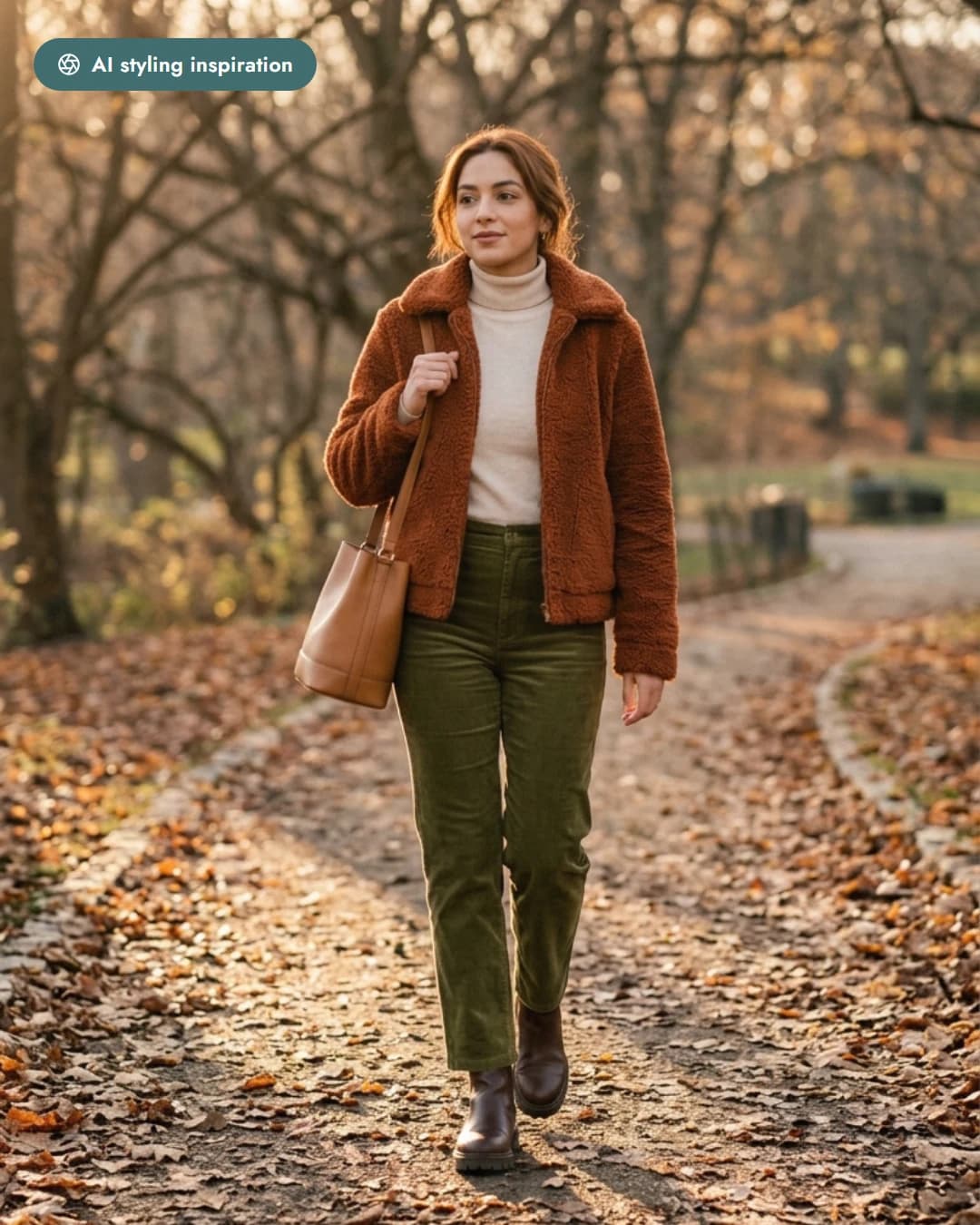 AI-styled outfit in rust, olive and cream — a jacket, trousers and turtleneck