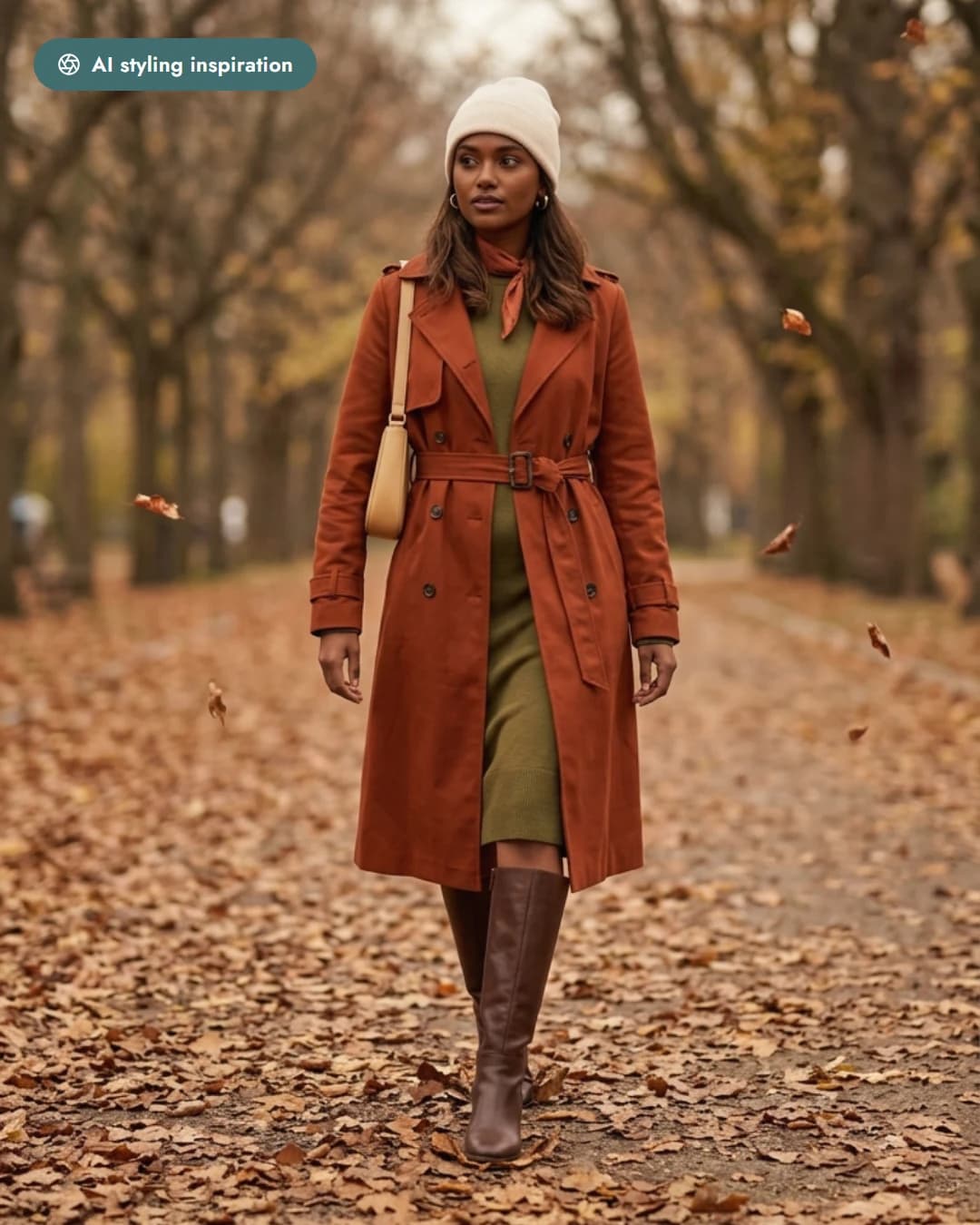AI-styled outfit in rust, olive and chocolate — a trench coat, dress and boots