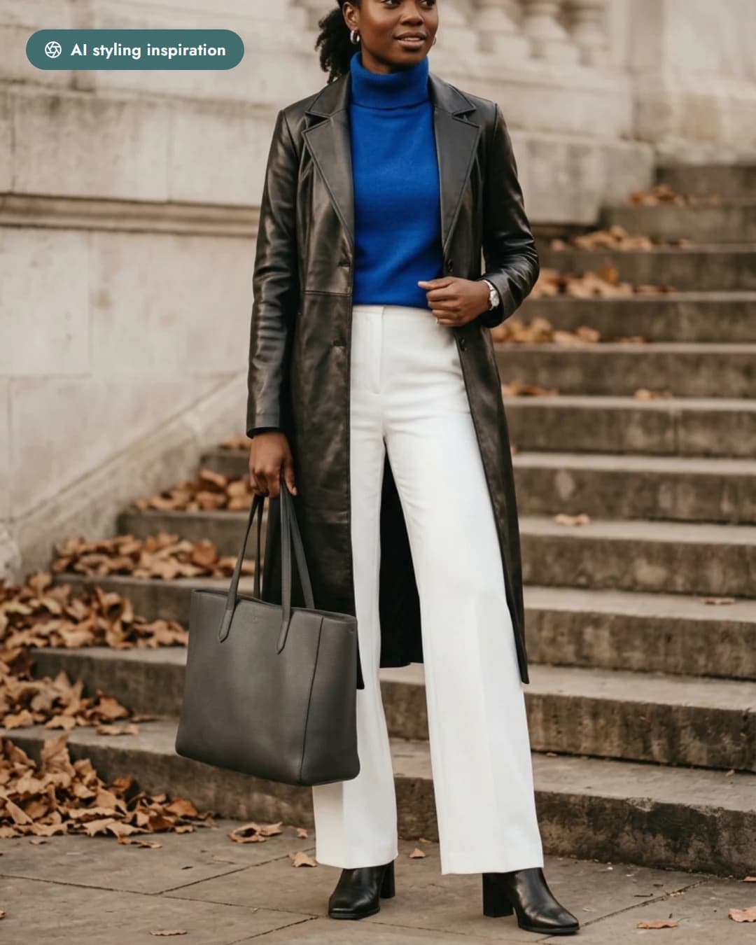 AI-styled outfit in black, white and charcoal — a coat, trousers and turtleneck
