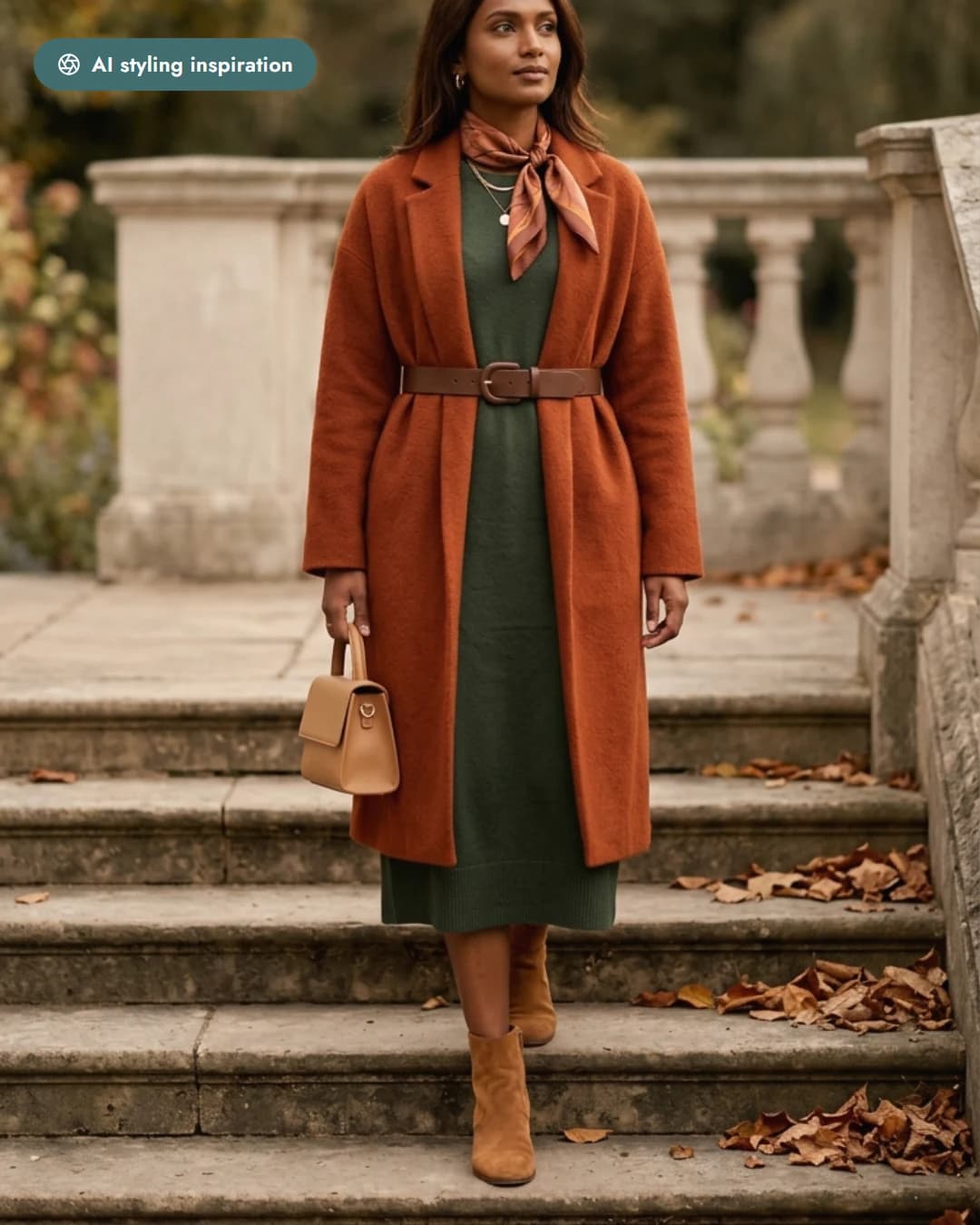 AI-styled outfit in rust, forest green and tan — a coat, dress and boots