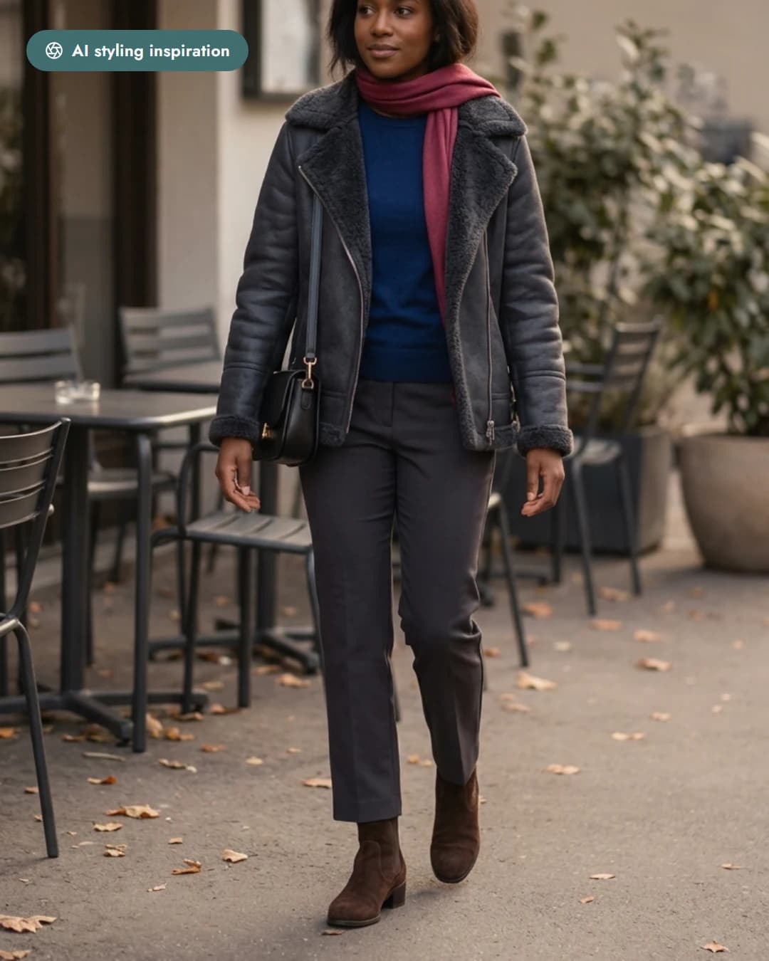 AI-styled outfit in charcoal, navy and burgundy — a jacket, trousers and sweater