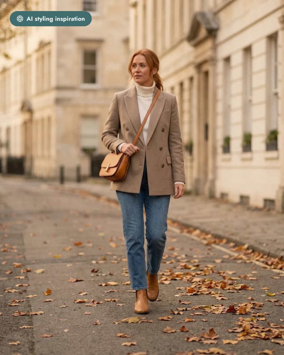 AI-styled outfit in camel, denim blue and tan — a blazer, jeans and roll-neck jumper