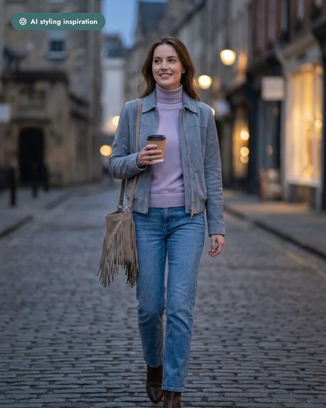 AI-styled outfit in denim blue, dove grey and blush — jeans, a jacket and a turtleneck