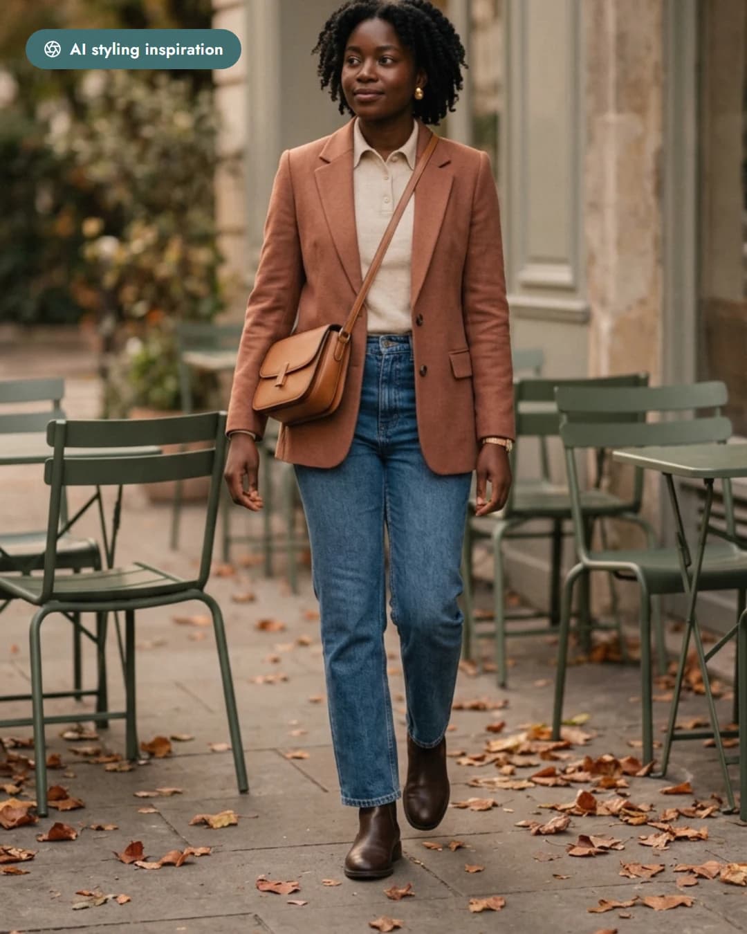 AI-styled outfit in denim blue, terracotta and cream — a blazer, jeans and polo shirt