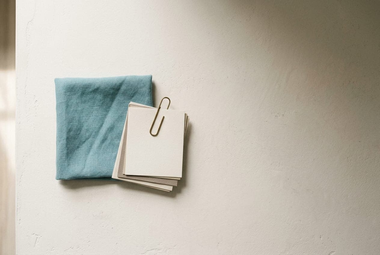 A folded square of soft teal cloth beside a stack of blank fabric swatch cards