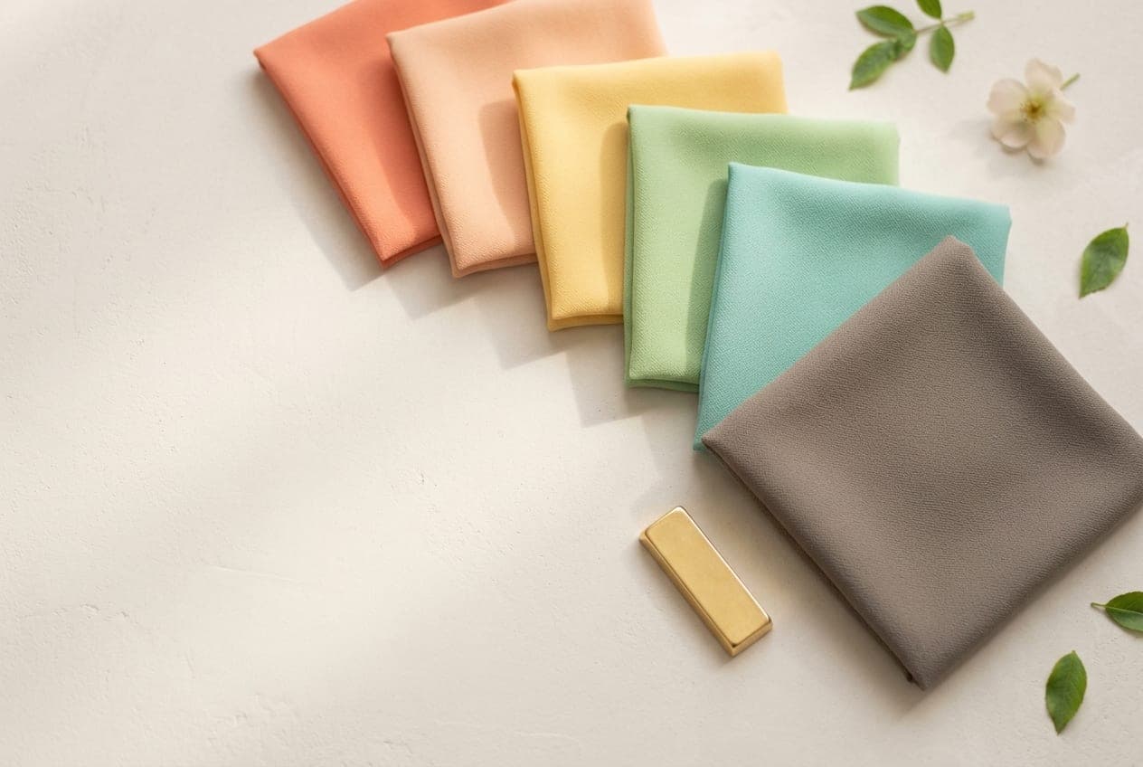 Folded squares of fabric in the Light Spring palette, with its best neutral and metal