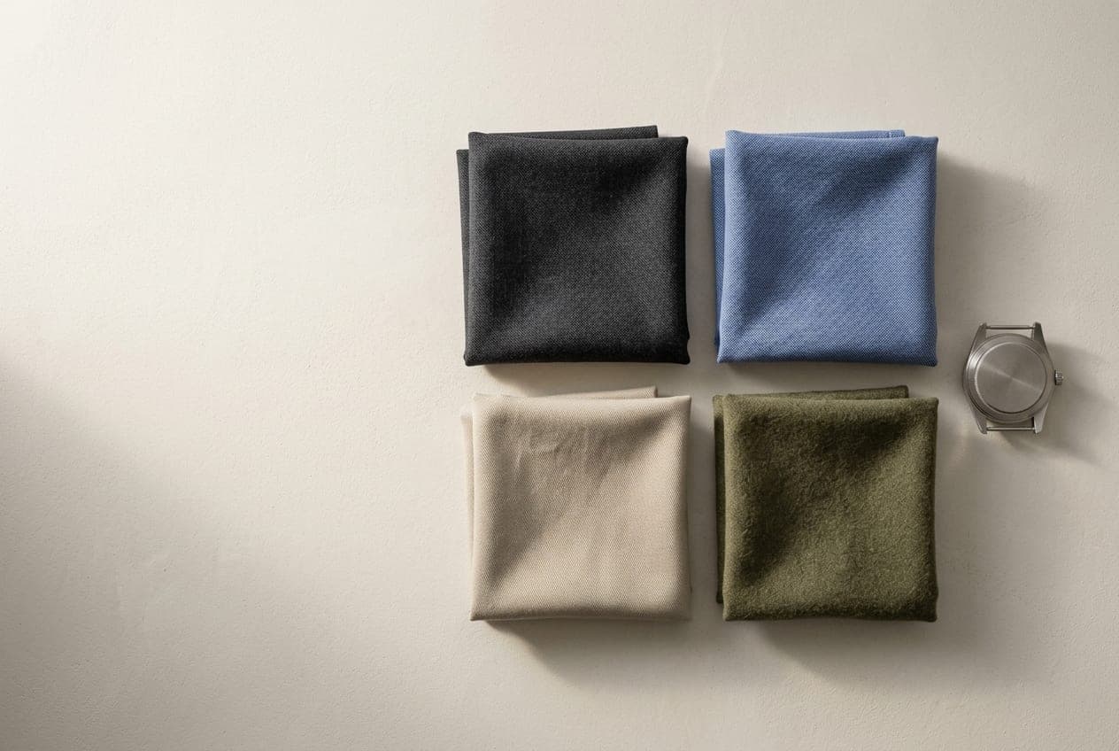 Folded squares of charcoal worsted wool, mid-blue oxford cotton, stone twill and olive brushed cotton