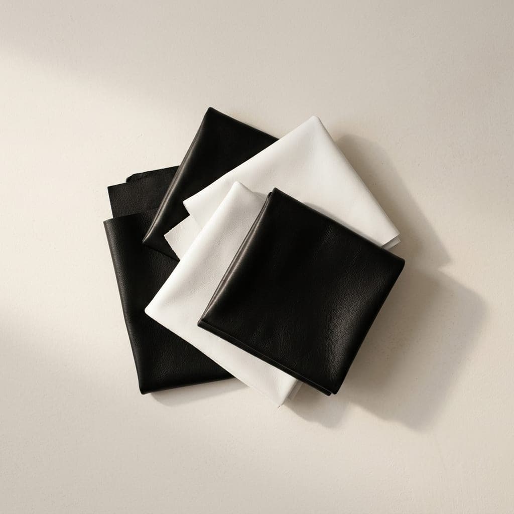 Folded squares of leather in true black and clean white