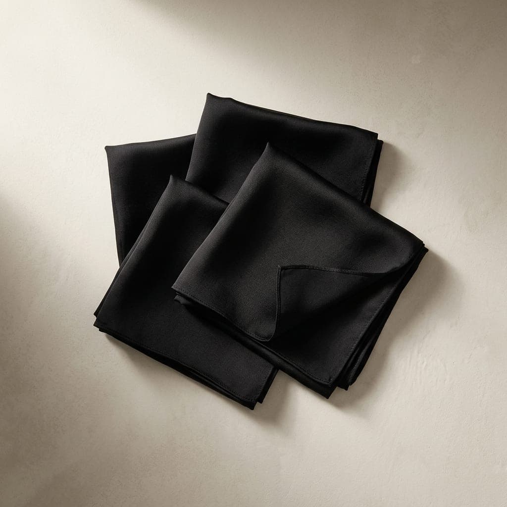 Folded squares of silk satin in true black