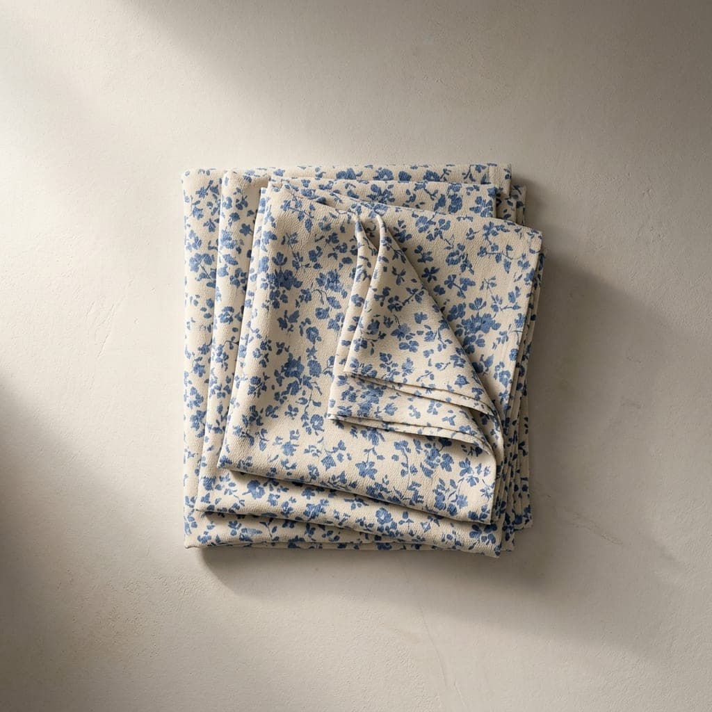 Folded squares of matte crepe in mid cornflower blue and warm cream in a small floral print