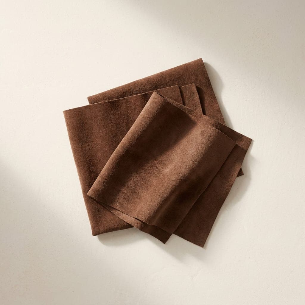 Folded squares of suede in rich cocoa brown