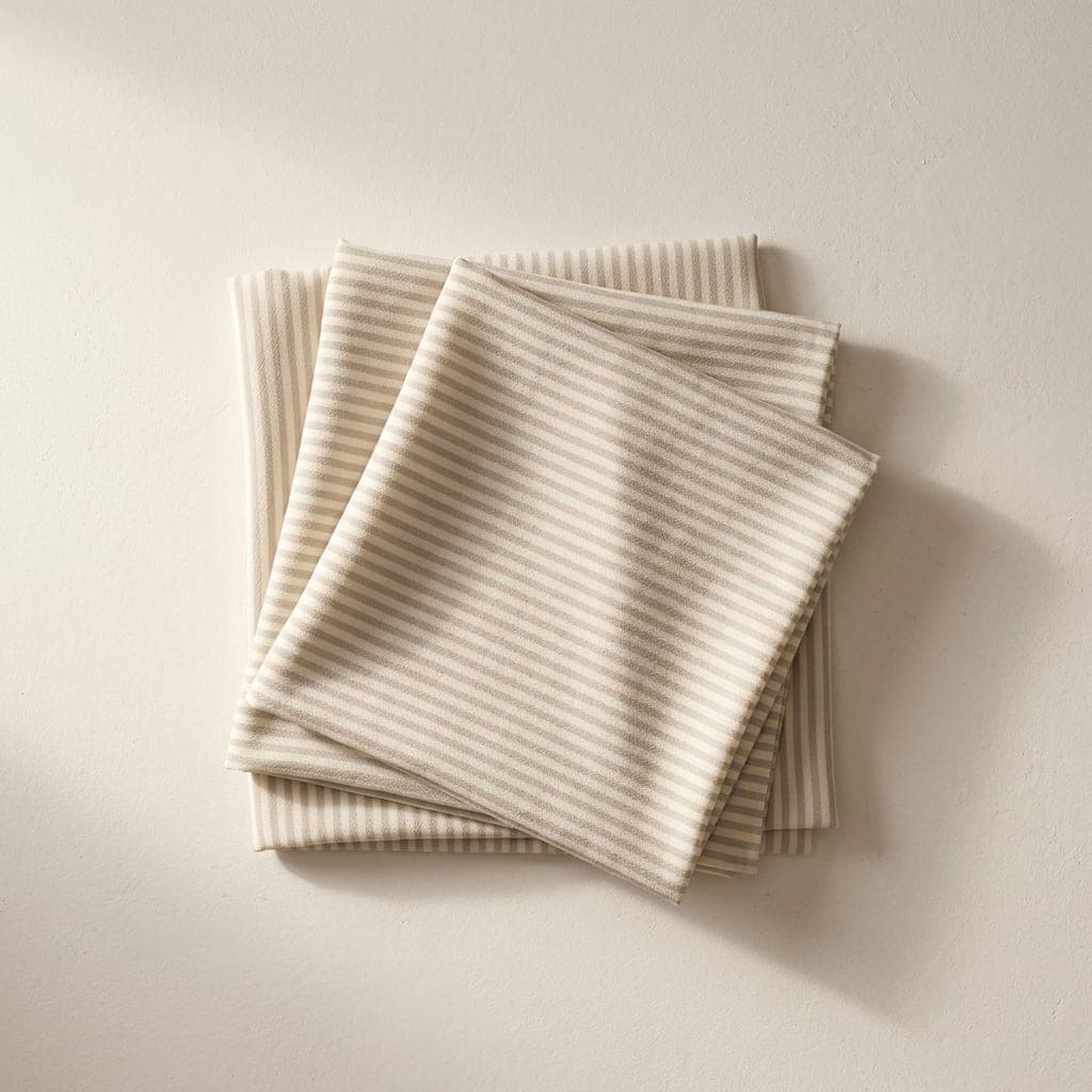 Folded squares of matte crepe in warm cream and soft greige neutral in narrow stripes
