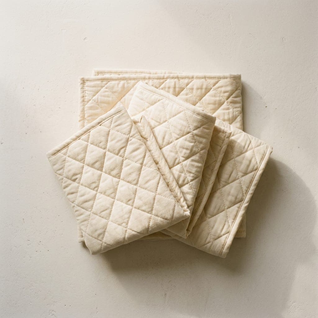 Folded squares of quilted cloth in warm cream