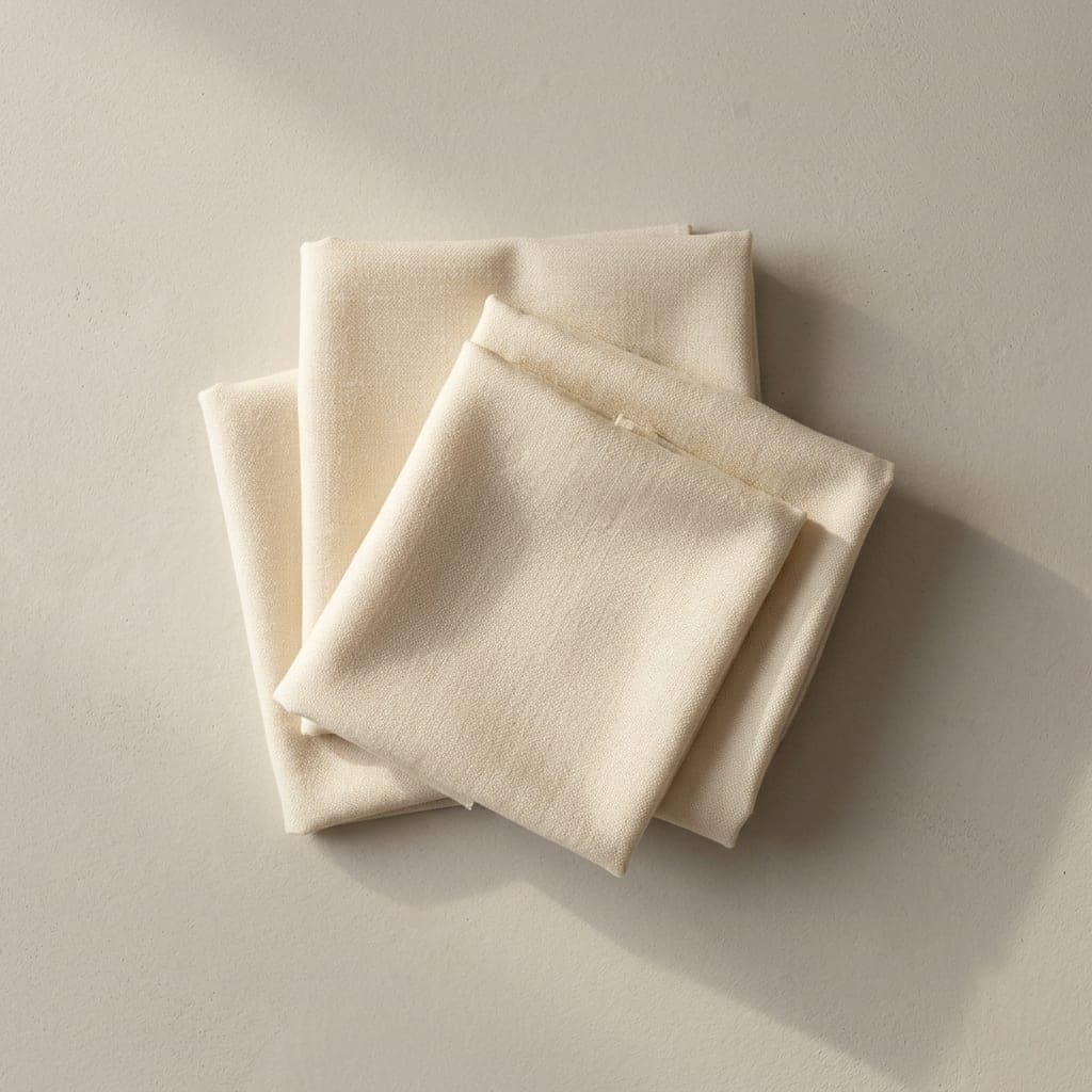 Folded squares of wool suiting in warm cream