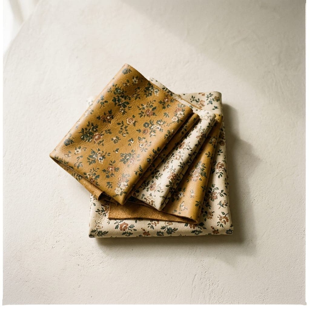 Folded squares of leather in warm antique gold and warm cream in a small floral print