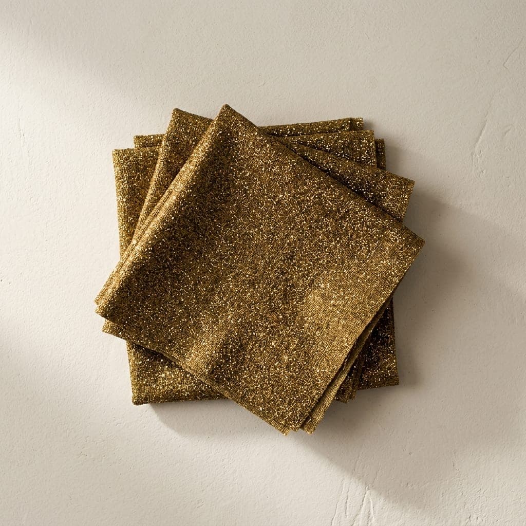 Folded squares of glitter fabric in warm antique gold