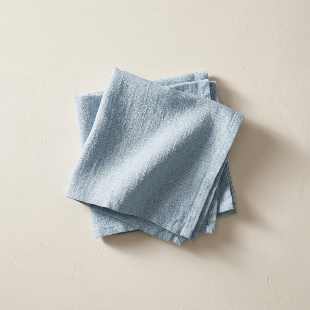 Folded squares of linen in soft light blue