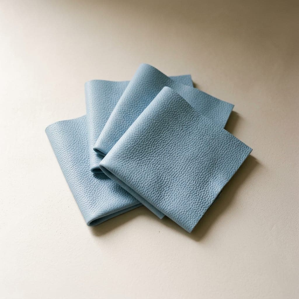 Folded squares of pebbled leather in soft light blue