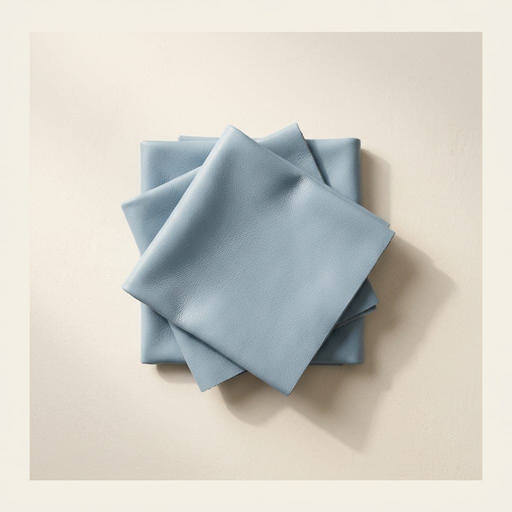 Folded squares of leather in soft light blue