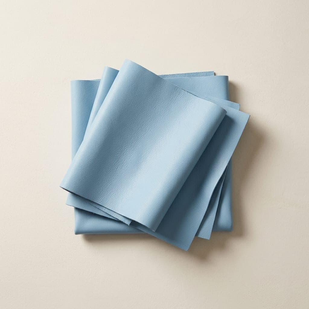 Folded squares of leather in soft light blue