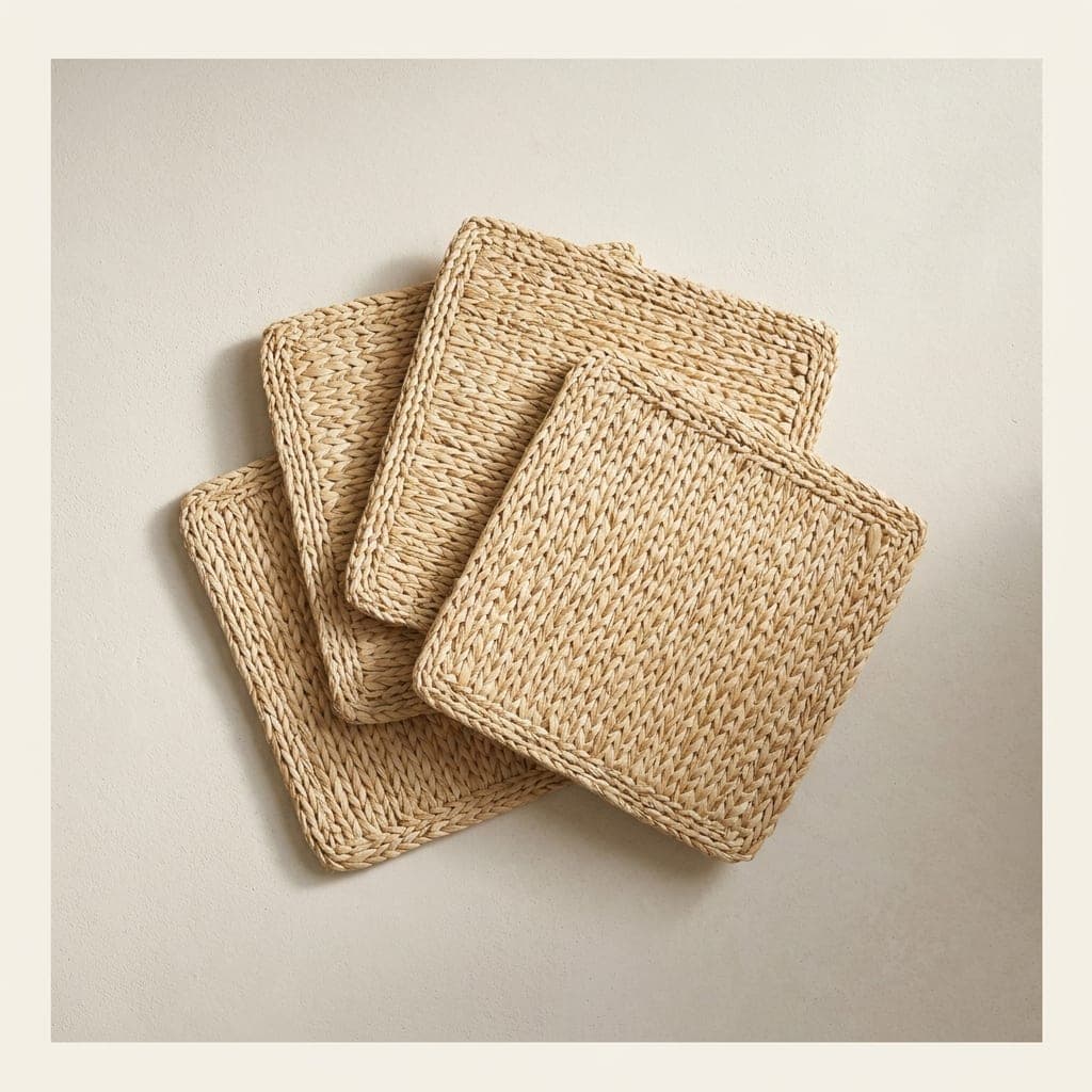 Folded squares of raffia in undyed natural