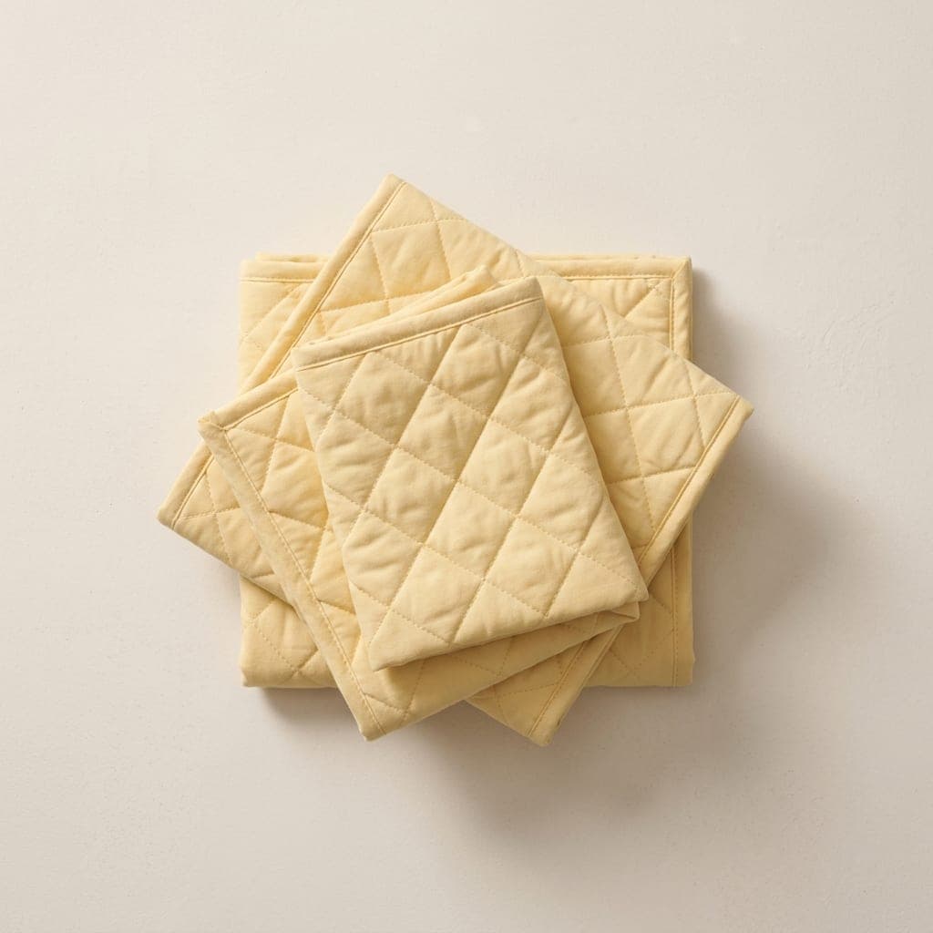 Folded squares of quilted cloth in pale butter yellow