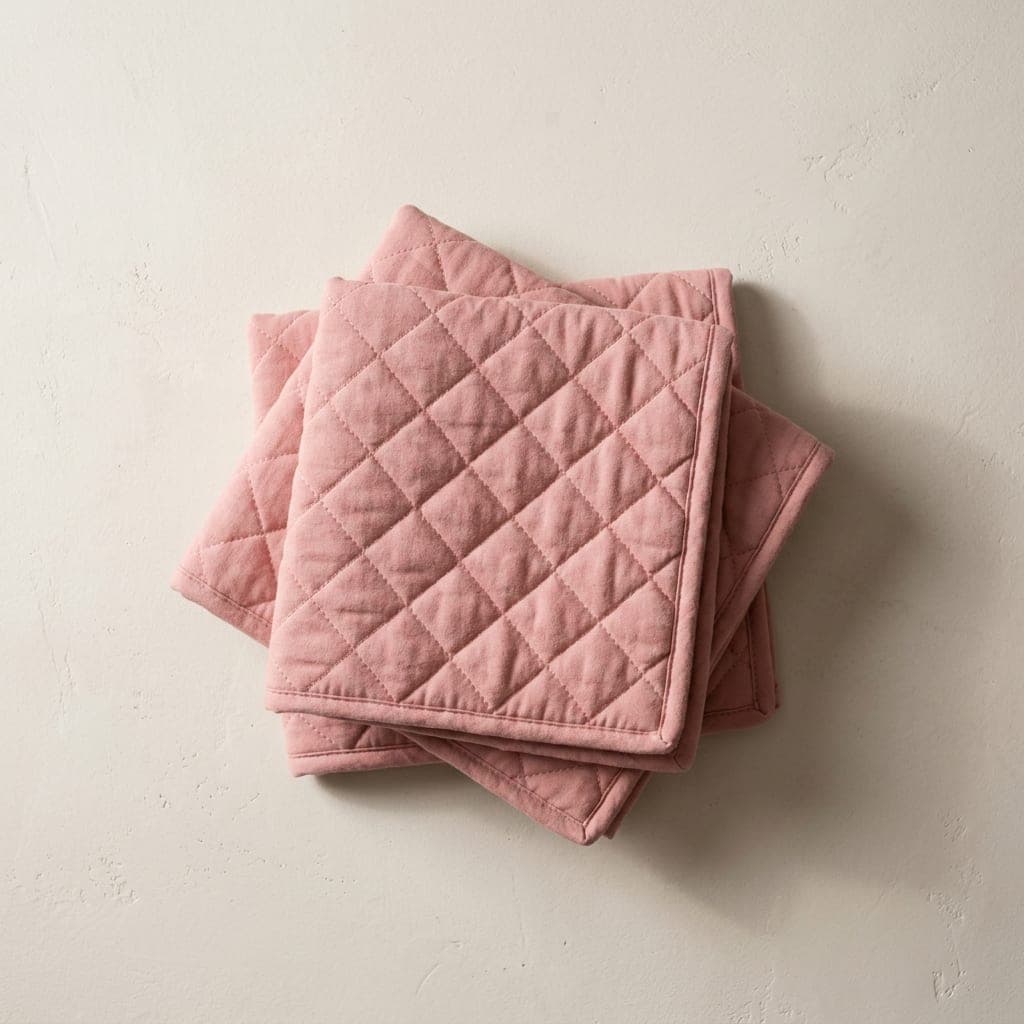 Folded squares of quilted cloth in soft rose pink
