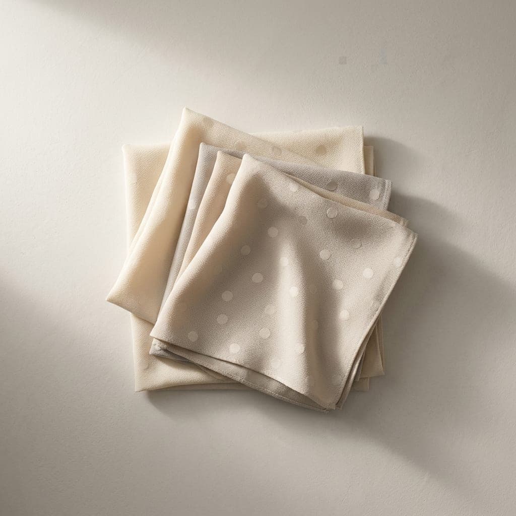 Folded squares of matte crepe in warm cream and soft greige neutral in an even dot print
