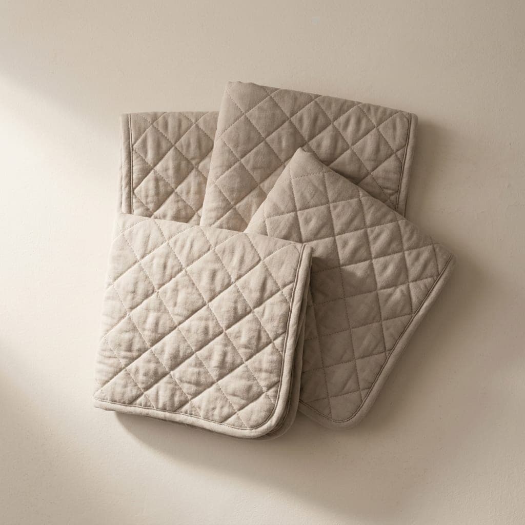 Folded squares of quilted cloth in soft greige neutral