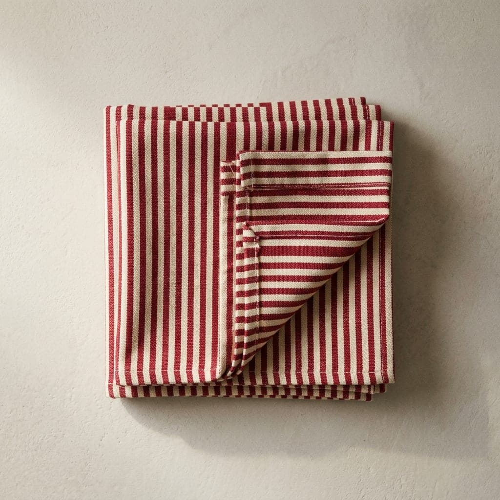 Folded squares of canvas in deep pillar-box red and warm cream in narrow stripes