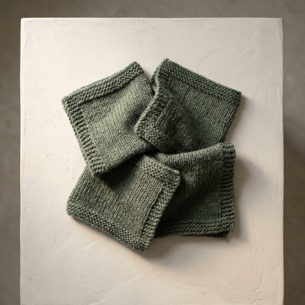 Folded squares of knitted wool in muted sage green