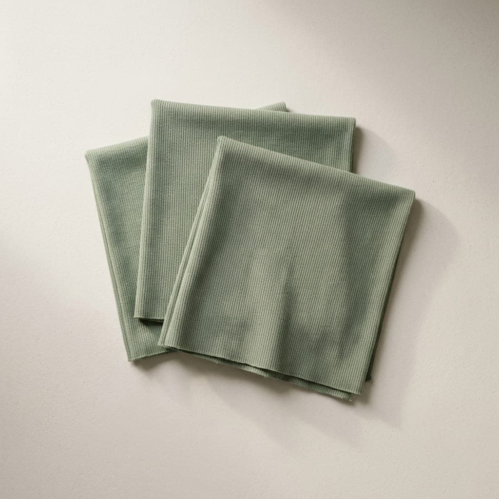 Folded squares of ribbed knit in muted sage green