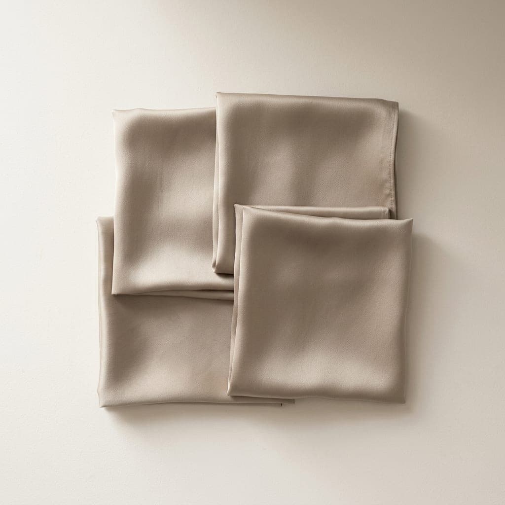 Folded squares of silk satin in soft greige neutral
