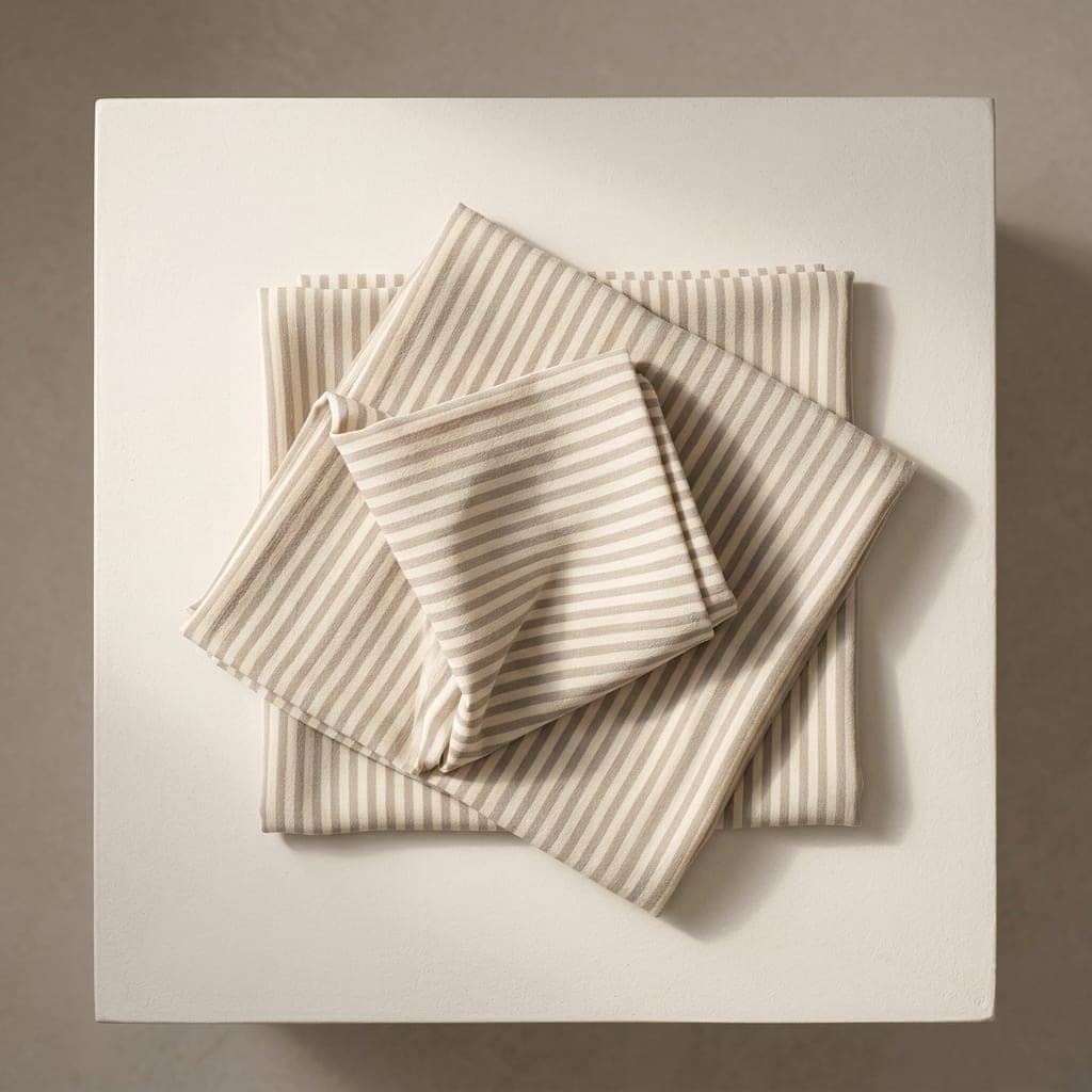 Folded squares of matte crepe in warm cream and soft greige neutral in narrow stripes