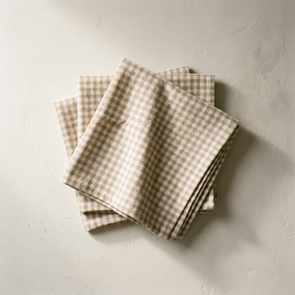 Folded squares of matte crepe in warm cream and soft taupe in a small check