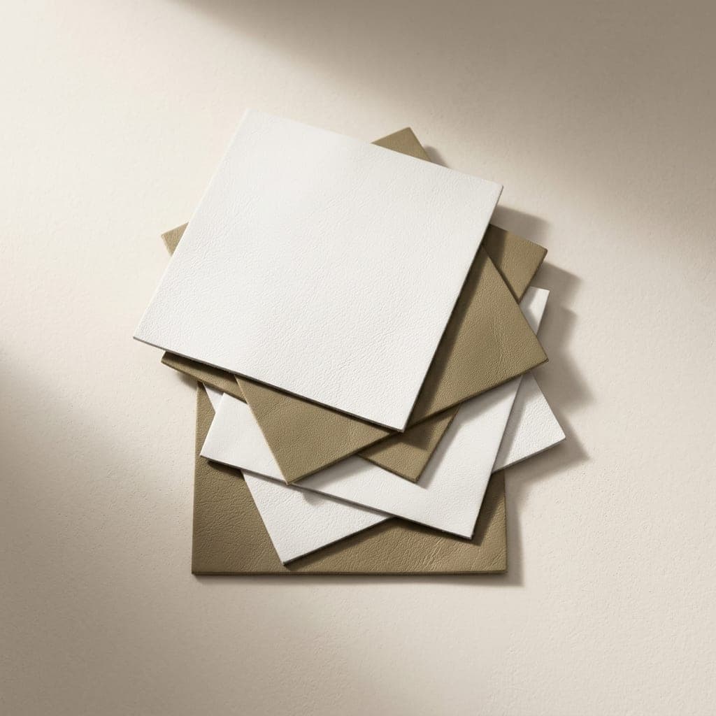 Folded squares of leather in clean white and dusty khaki