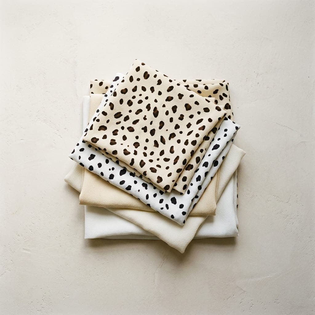 Folded squares of matte crepe in clean white and warm cream in an animal-spot print
