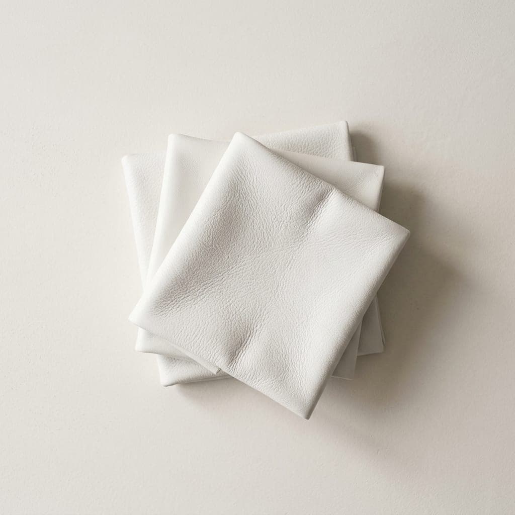 Folded squares of leather in clean white