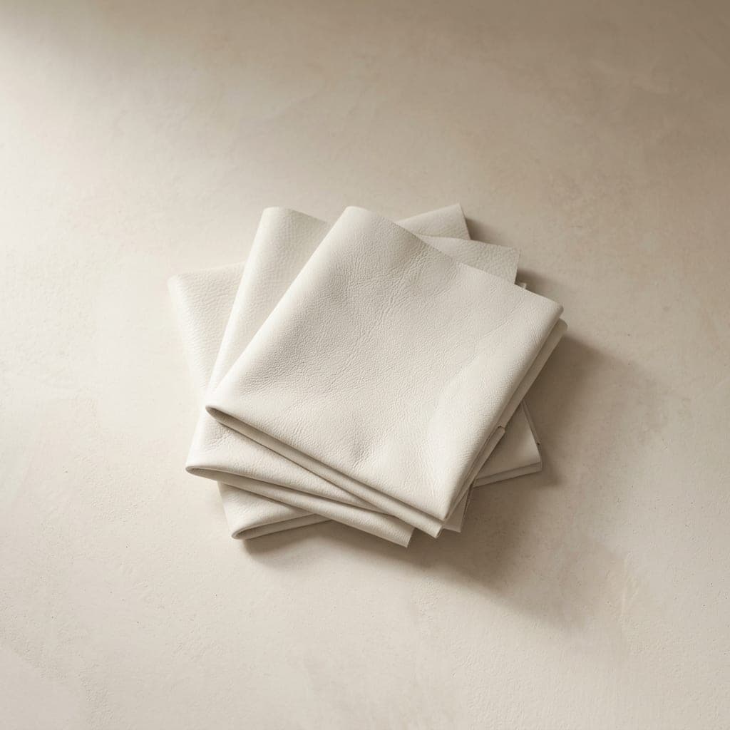 Folded squares of leather in clean white