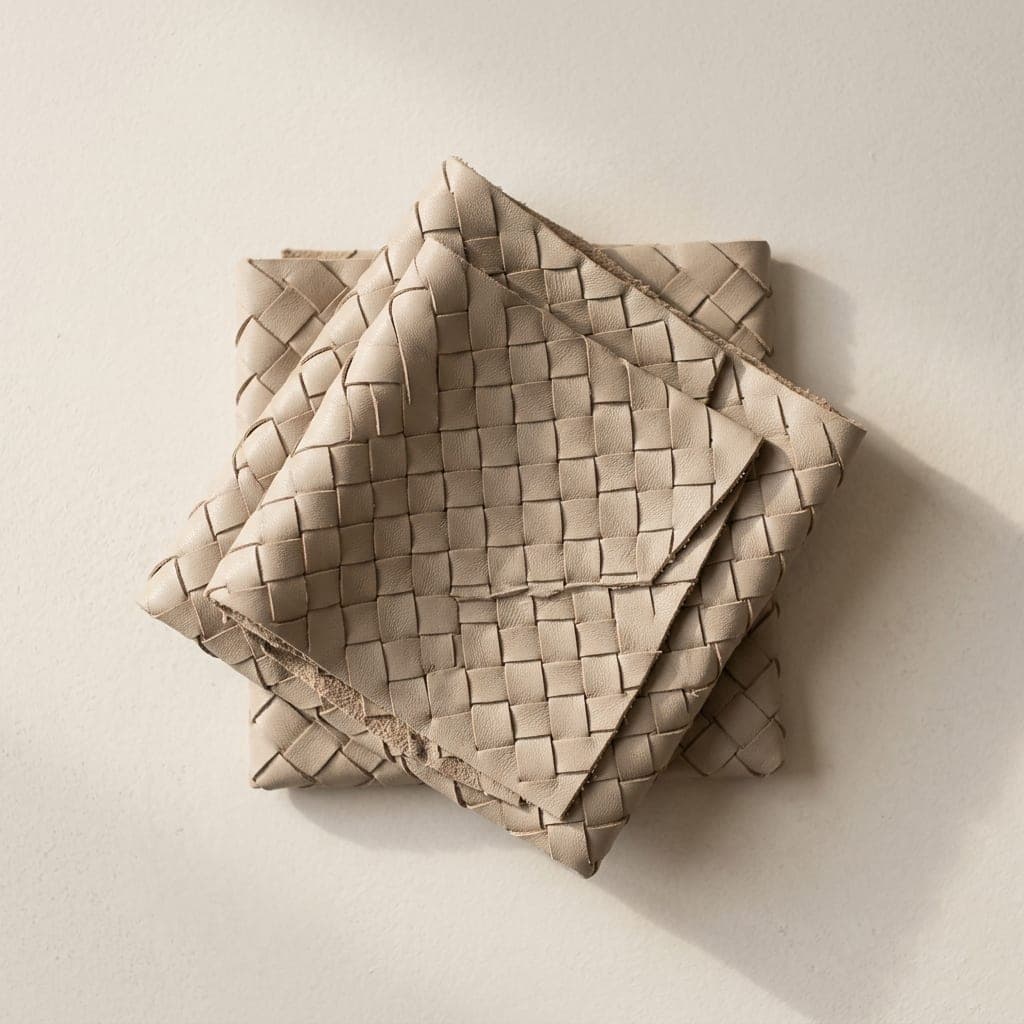 Folded squares of woven leather in soft greige neutral