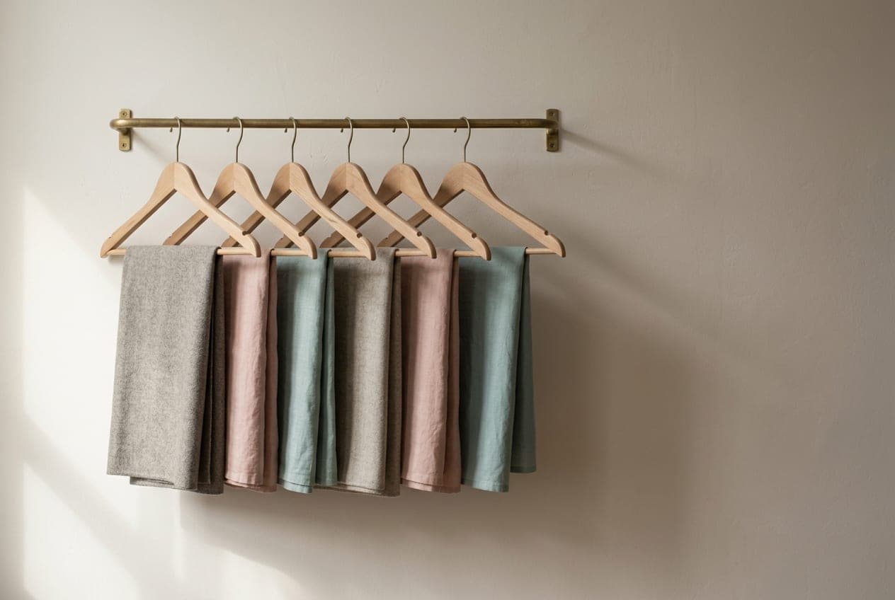 Lengths of cloth in muted stone, blush and soft teal hanging on a slim brass rail