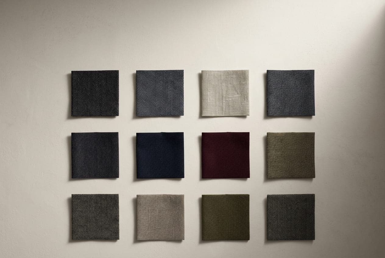 Twelve menswear cloth squares laid out in an even three-by-four grid