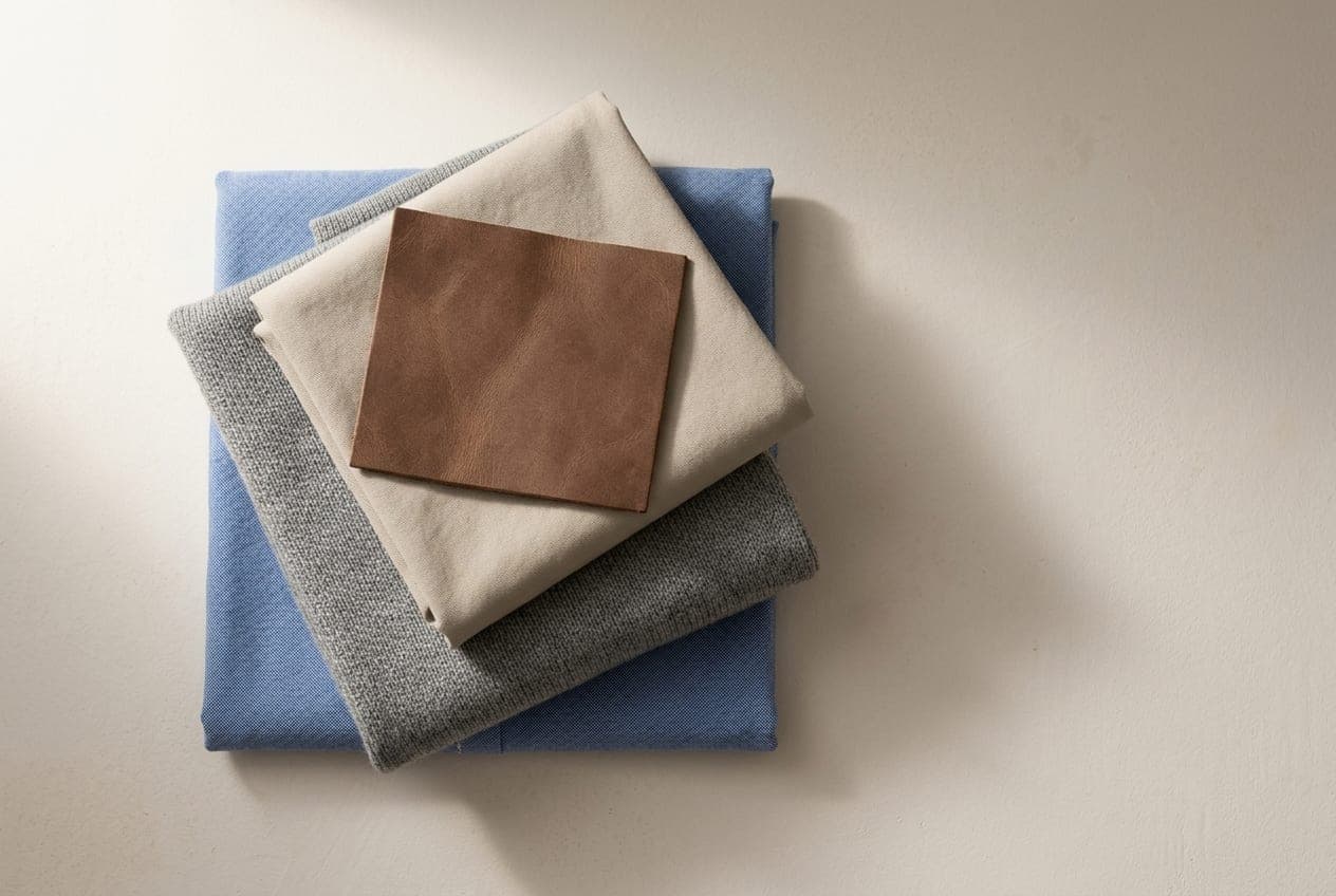 Oxford cotton, merino knit, chino twill and plain leather layered in a stack