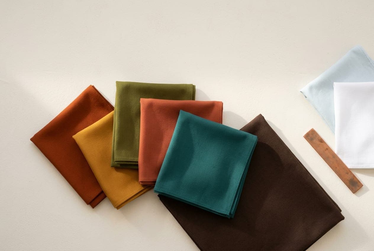 Fully saturated rust, ochre and olive cloths grouped over dark brown, with an icy blue and a pure white set apart