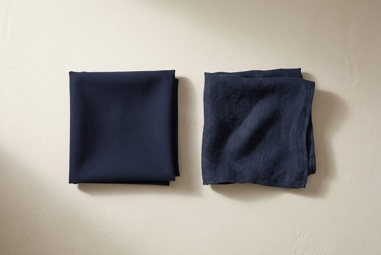 Two squares of cloth in the same colour, one densely woven and one thin and loose