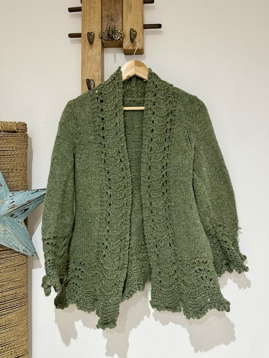 Hand Knitted Vintage Sage Green Scalloped Edge Chunky Knit Wool Cardigan L 14 16 | eBay UK