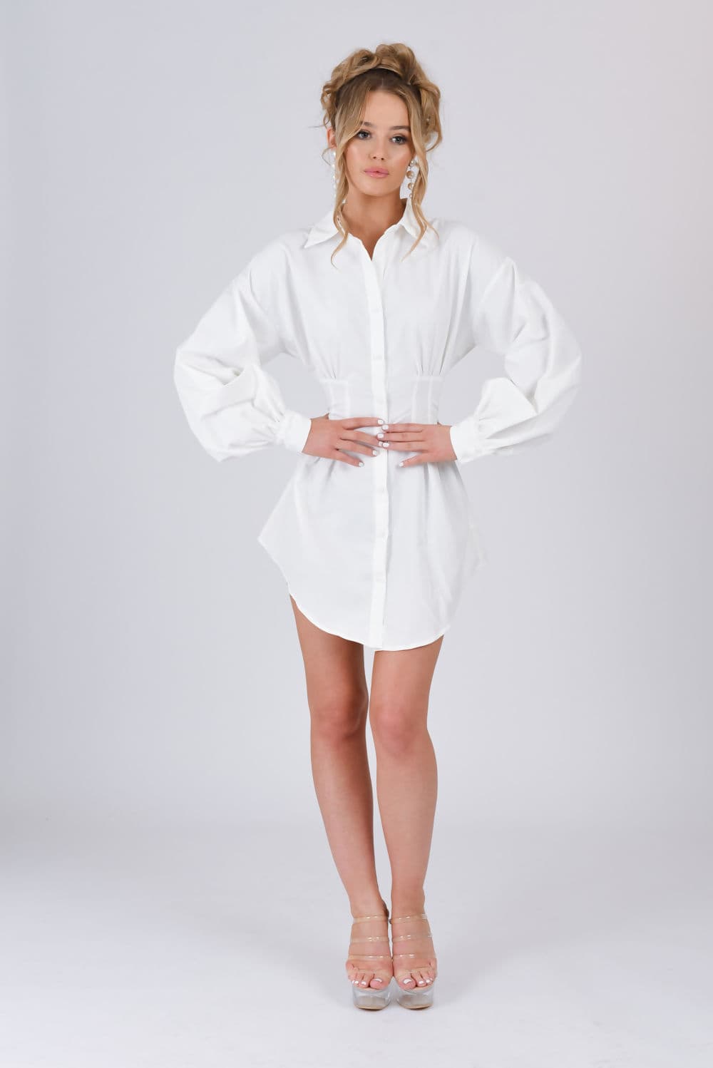 Penelope White Waist Detail Button Front Shirt Dress