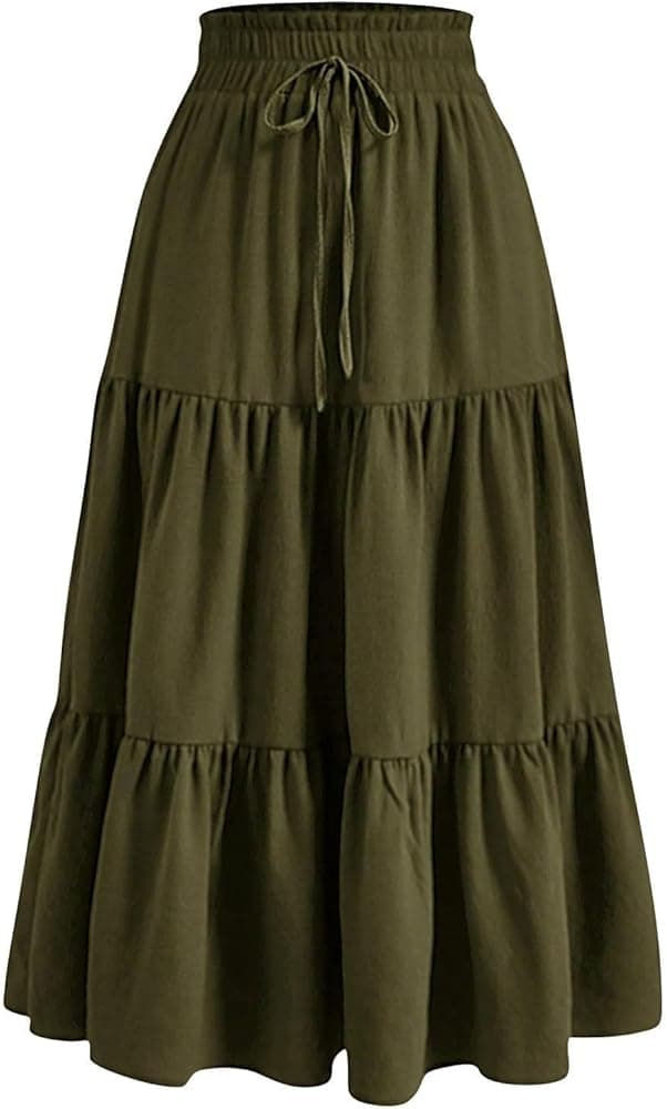 Maxi Skirt for Women Summer Boho Tiered Long Flowy Skirts Bohemian Boho Drawstring High Waisted Swing A-Line Skirt with Pockets Casual Party Holiday Ruffle Gypsy Vintage Pleated Skirts Full Length : Amazon.co.uk: