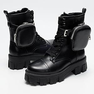 Cape Robbin Women's Platform Combat Boots - Lace Up Chunky Ankle Booties with Built-in Zippered Pouch - Side Zipper Lug Sole Boots with Buckle Strap Round Toe (Monalisa), Black, 8 UK: Amazon.co.uk: